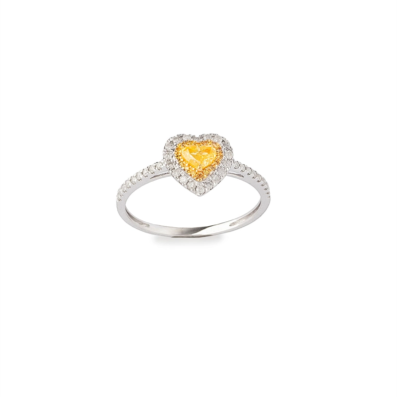 ANEL CORAÇÃO DIAMANTES AMARELOS OURO BRANCO 18K