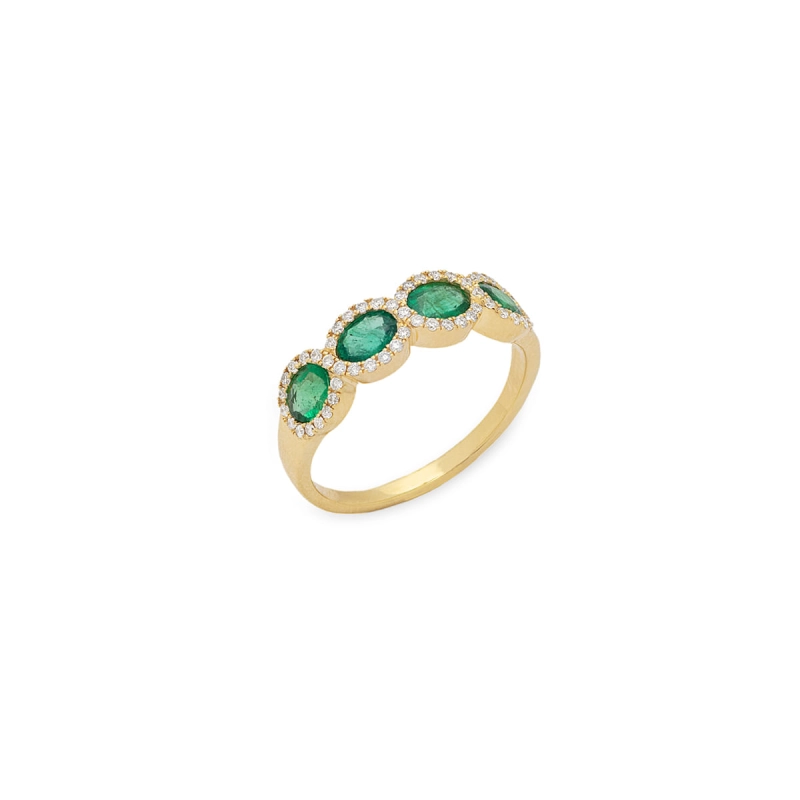 ANEL MEIA ALIANÇA ESMERALDAS E DIAMANTES OURO 18K