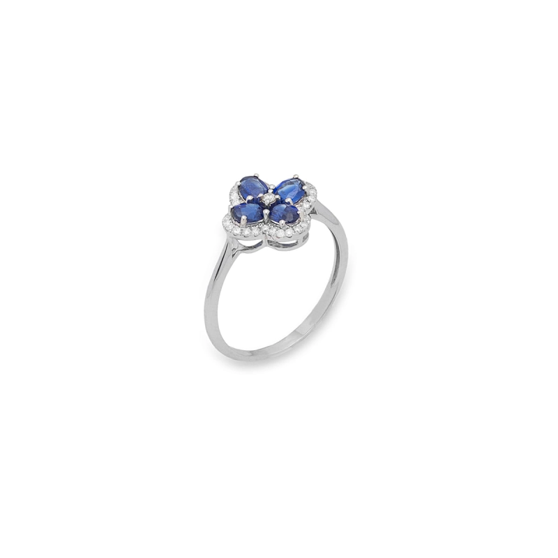 ANEL TREVO SAFIRAS E DIAMANTES OURO BRANCO 18K