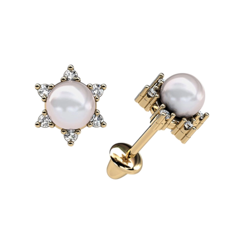Brinco Estrela Com Diamantes e Pérolas Ouro 18k