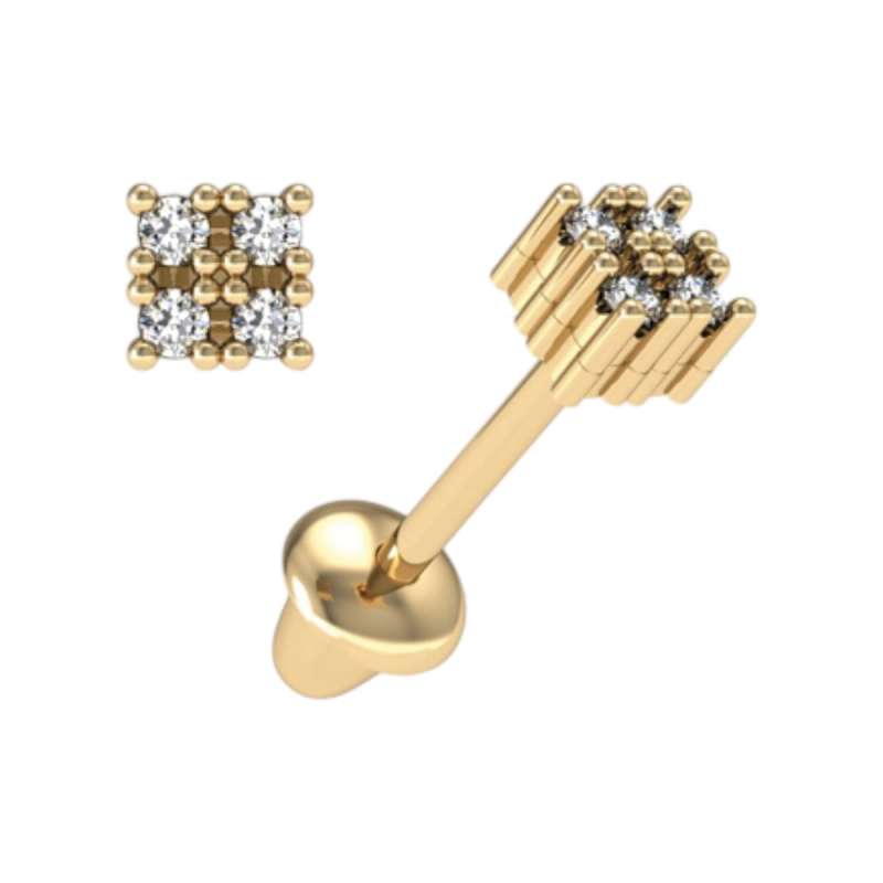 Brinco Quadrado Pequeno Ouro 18k Com Diamantes