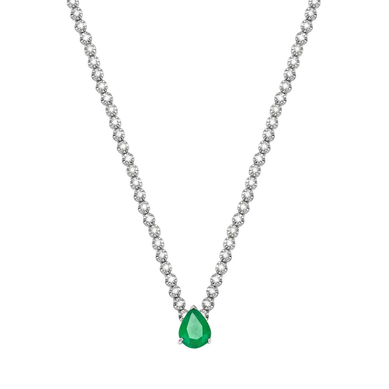 COLAR ARREPIO MEIA RIVIERA EM OURO BRANCO 18K COM DIAMANTES E GOTA EM ESMERALDA