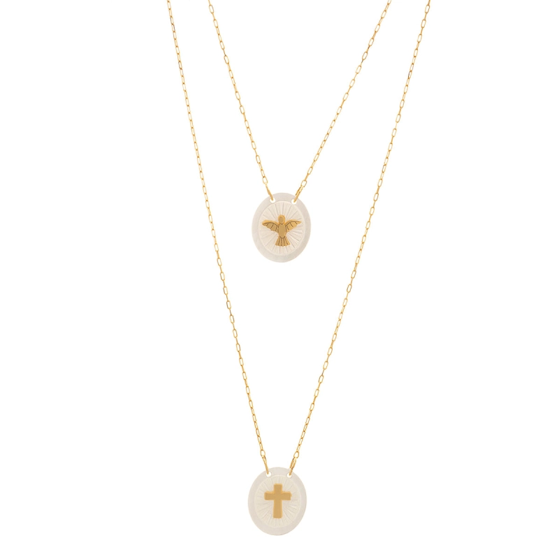 COLAR ESCAPULÁRIO ESPÍRITO SANTO EM OURO 18K COM MADREPÉROLA 60CM