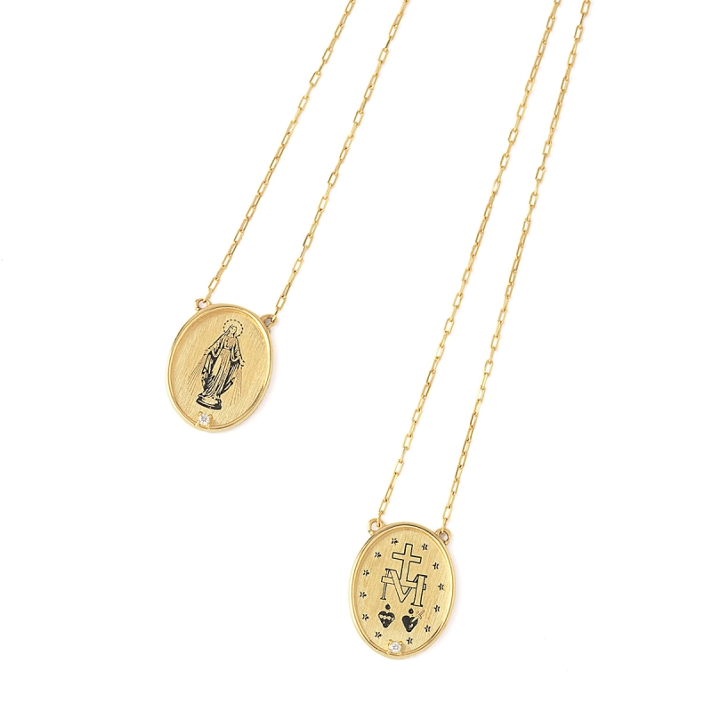 COLAR ESCAPULÁRIO REFÚGIO SERENO NOSSA SENHORA DAS GRAÇAS EM OURO 18K COM DIAMANTES 0,014CT