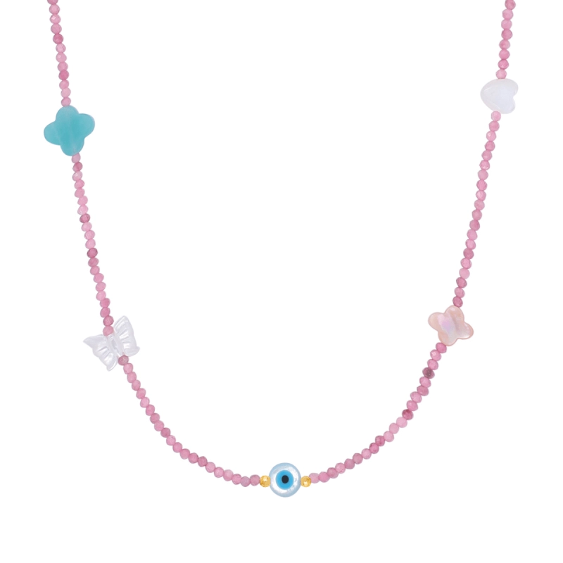 COLAR OLHO GREGO TURMALINA ROSA MADRE PÉROLA E ESFERAS EM OURO 18K 43CM