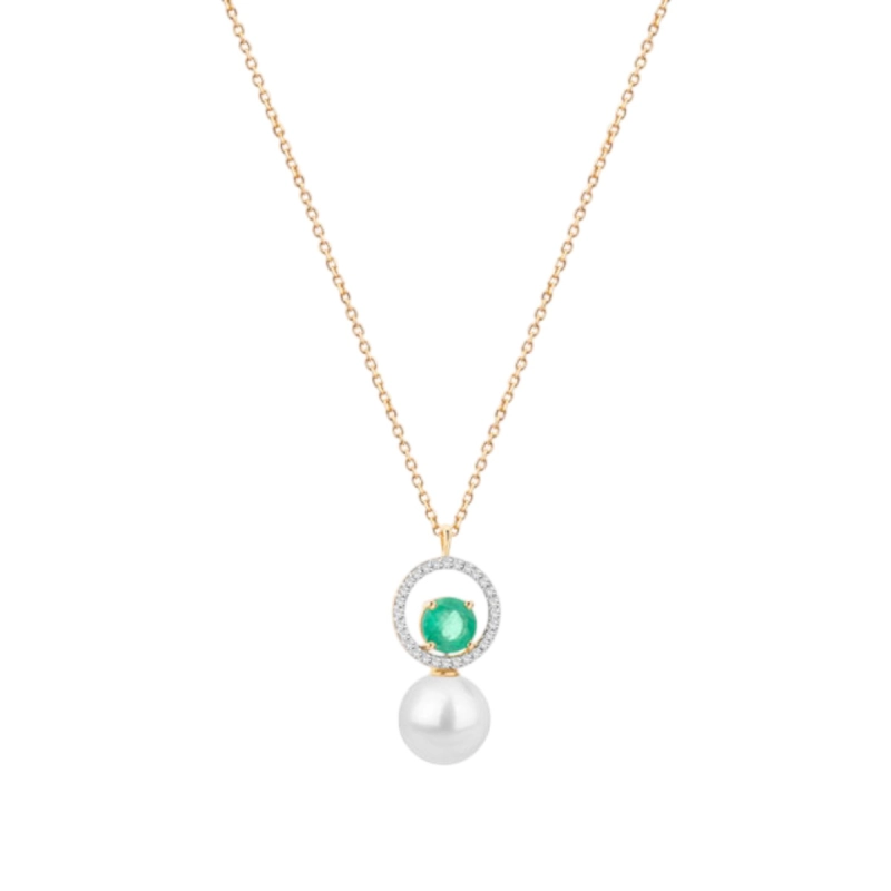 Colar Pérola Com Diamantes e Esmeralda Ouro 18k