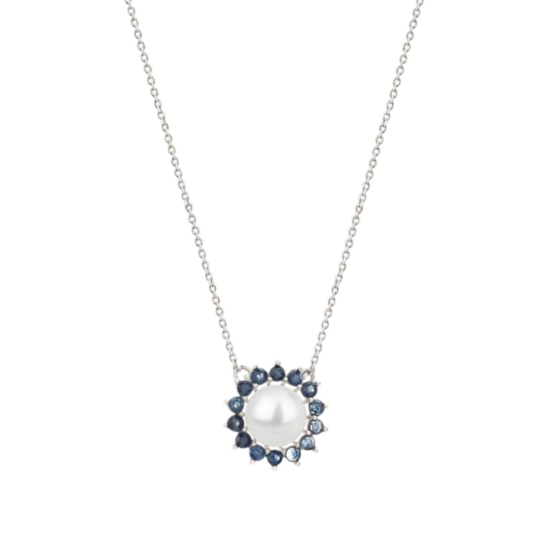 Colar Pérola Com Safiras Ouro Branco 18k