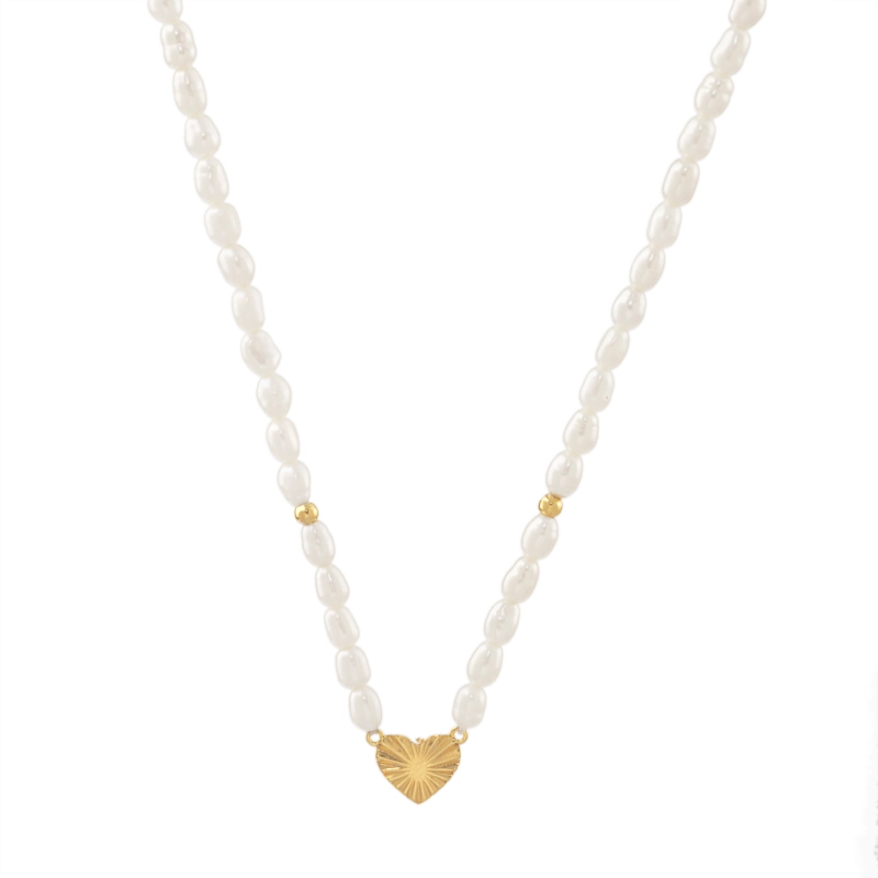 COLAR PÉROLAS COM CORAÇÃO DIAMANTADO EM OURO 18K 42CM