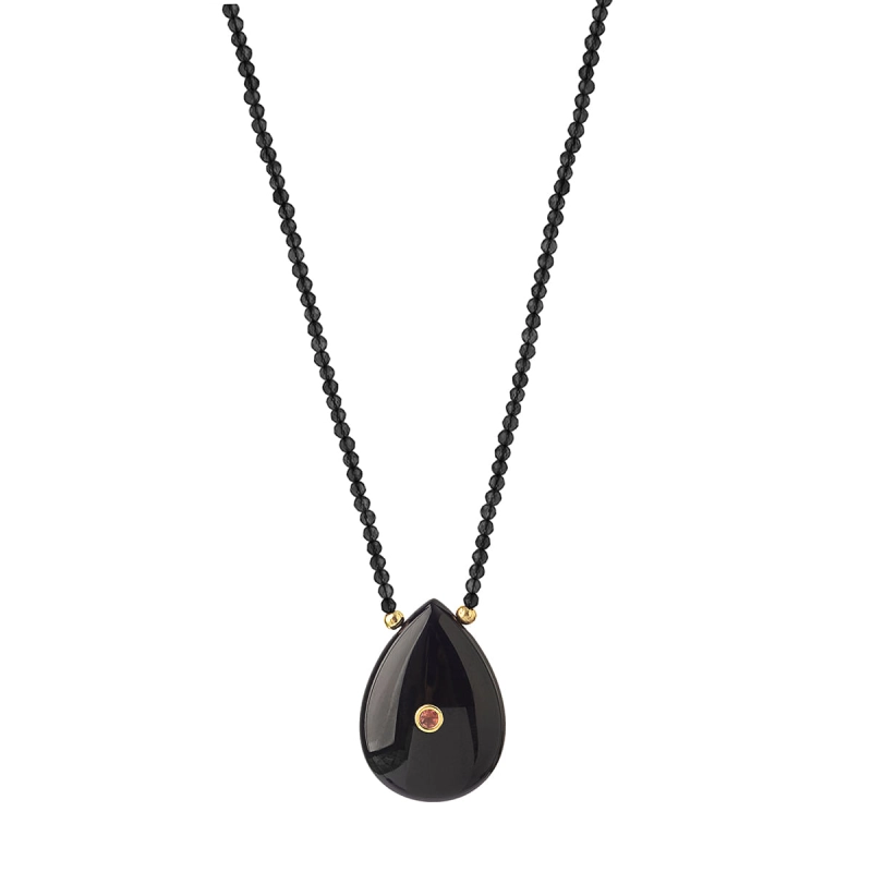 COLAR SUAVIDADE ÁUREA EM ESPINÉLIO COM GOTA EM ÁGATA NEGRA COM TURMALINA ROSA E ESFERAS EM OURO 18K