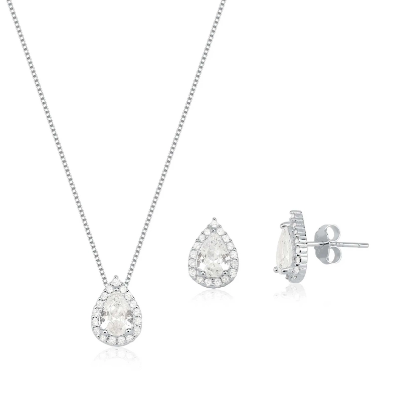 Conjunto Gota Prata 925 Com Ródio e Moissanite