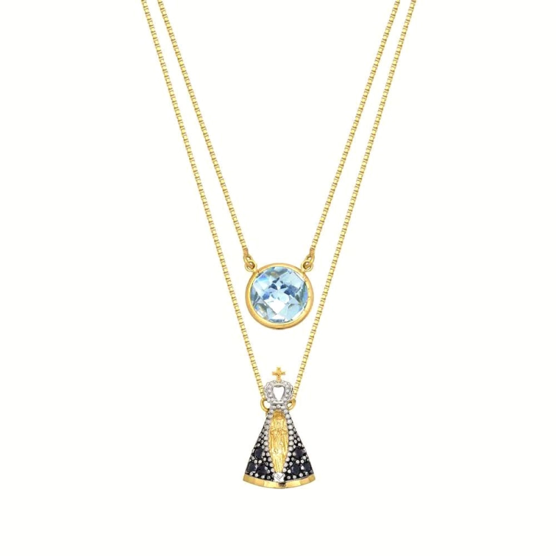 Escapulário N. Sra. Aparecida em Ouro 18k Com Topázio e Safiras 60cm – 2,7gr