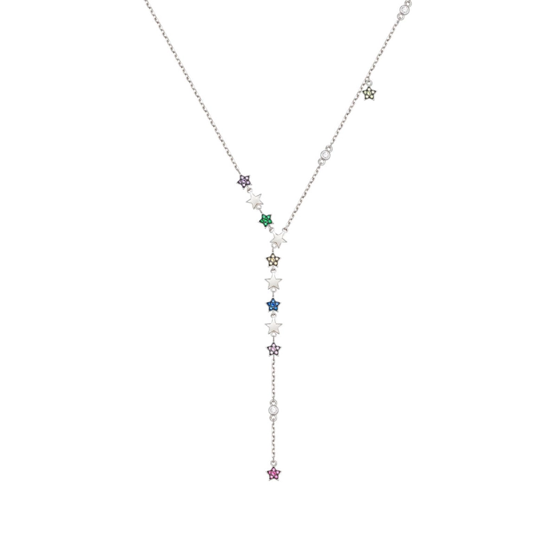 Gargantilha Y em Prata 925 Estrela e Bola com Zircônias Colors e Zircônia Branca com Ródio Branco