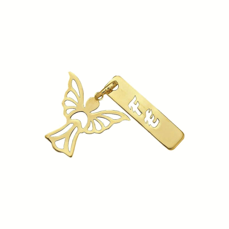 PINGENTE ANJO PLACA FÉ VAZADO EM OURO 18K