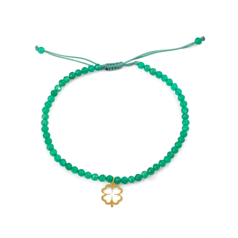 Pulseira Brilho Ágata Verde Com Trevo Ouro 18k