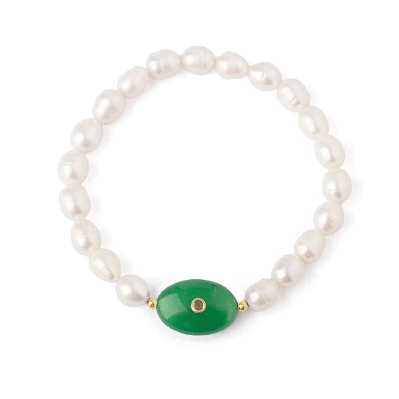PULSEIRA CÉU ACONCHEGANTE EM PÉROLAS COM JADE E TURMALINA AZUL E ESFERAS EM OURO 18K