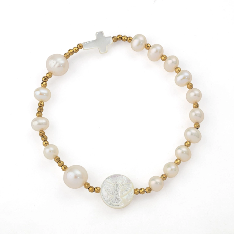 Pulseira Espírito Santo Com Pérolas e Hematitas Douradas