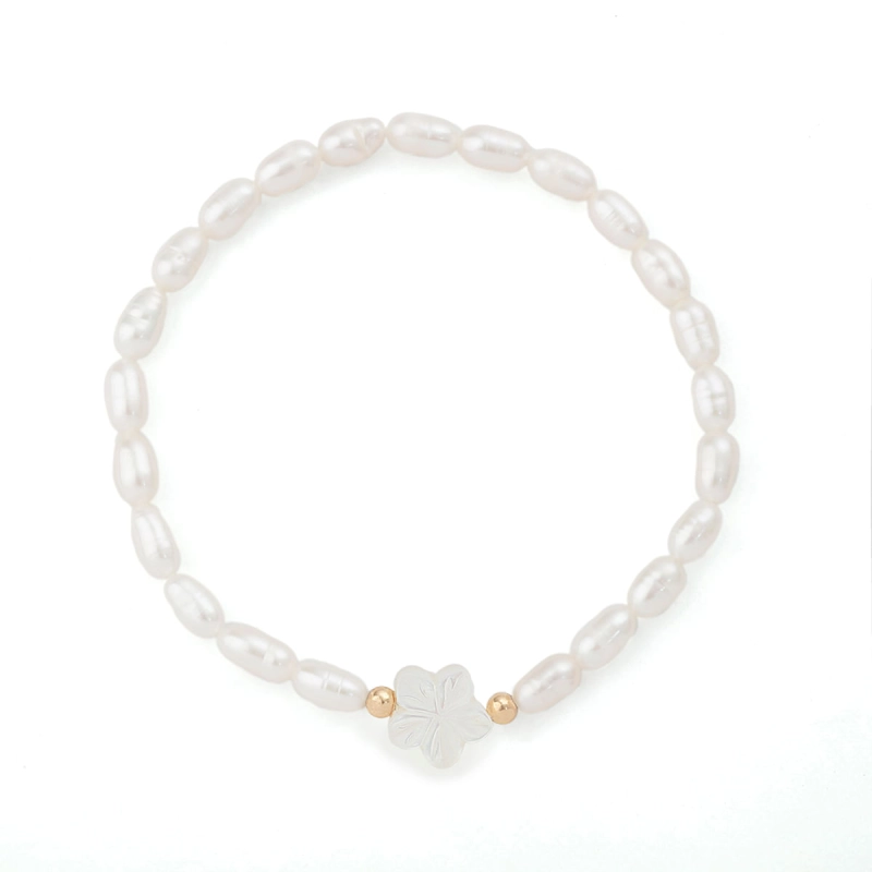 Pulseira Pérolas Com Flor Madrepérola Ouro 18k