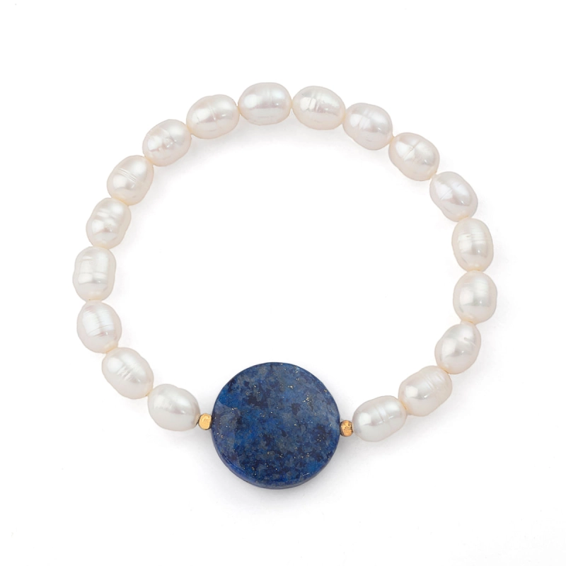 Pulseira Pérolas Com Lápis Lazúli Ouro 18k