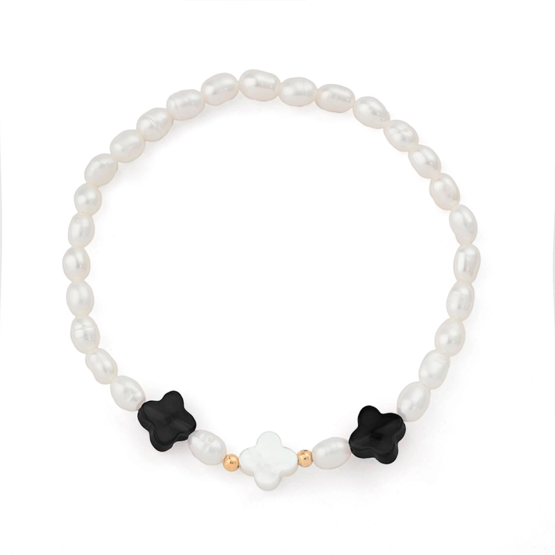 Pulseira Pérolas Com Trevos Em Ágata Negra e Madrepérola