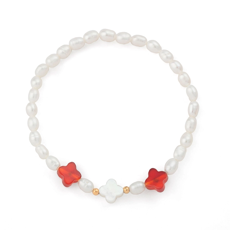 Pulseira Pérolas Com Trevos Em Ágata Vermelha e Madrepérola