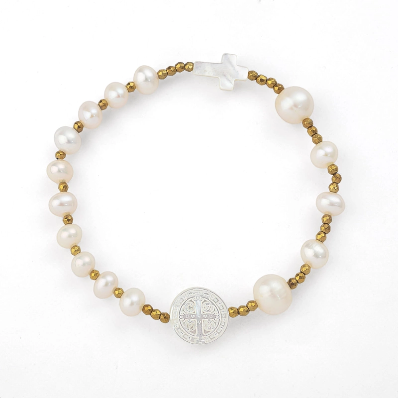 Pulseira São Bento Com Pérolas e Hematitas Douradas