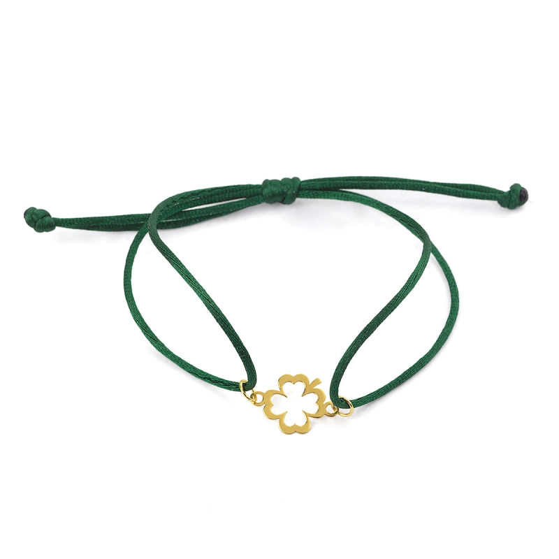 Pulseira Sorte Fio Seda Verde Oliva Trevo Ouro 18k