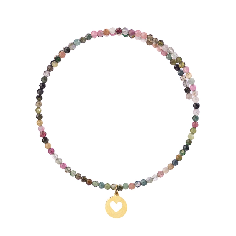 PULSEIRA TURMALINA MISTA PLACA CORAÇÃO OURO 18K