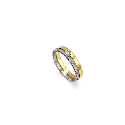 ALIANÇA PAIXÃO EM OURO AMARELO E BRANCO 18K COM DIAMANTES 0,23CT