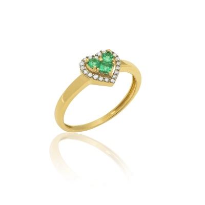 ANEL CORAÇÃO EM OURO 18K COM ESMERALDA E DIAMANTE 0,10CTS