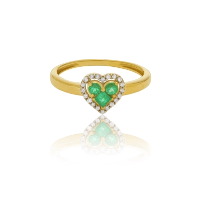 ANEL CORAÇÃO EM OURO 18K COM ESMERALDA E DIAMANTE 0,10CTS