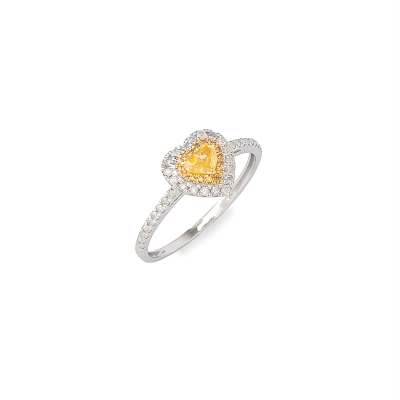 ANEL CORAÇÃO DIAMANTES AMARELOS OURO BRANCO 18K