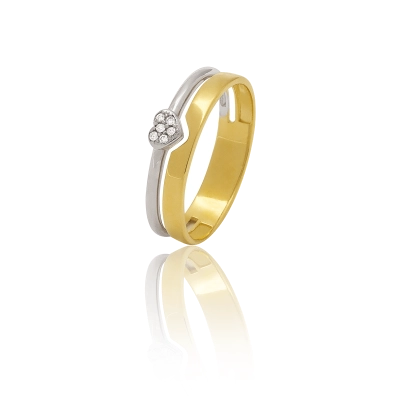 Anel Dois Fios Coração Em Ouro Amarelo e Ouro Branco 18k Com Diamantes.