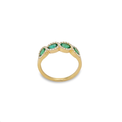 ANEL MEIA ALIANÇA ESMERALDAS E DIAMANTES OURO 18K