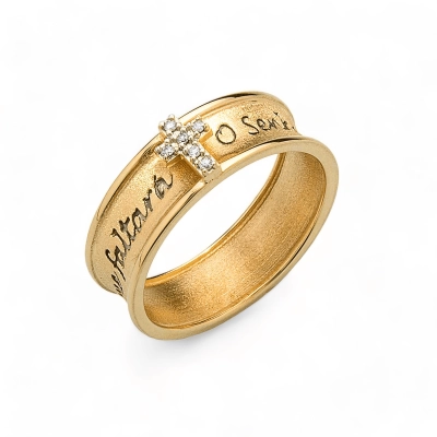ANEL O SENHOR É O MEU PASTOR EM OURO 18K COM CRUZ EM DIAMANTES 0,018CT