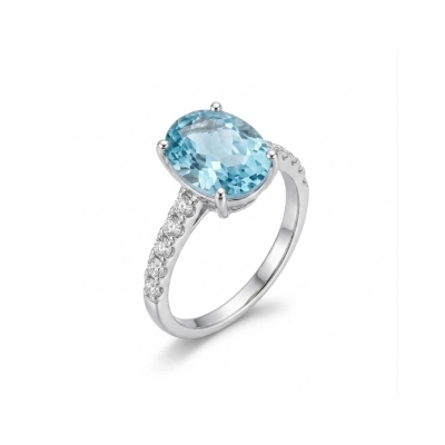 Anel Pedra Oval Color Azul Prata 925 Com Ródio e Moissanite