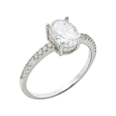 Anel Pedra Oval e Meio Aro Moissanite Prata 925