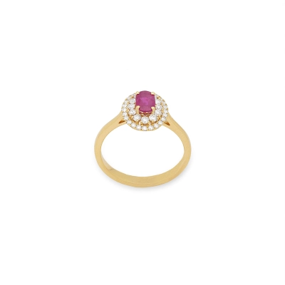 ANEL PEDRA OVAL RUBI E DIAMANTES OURO 18K