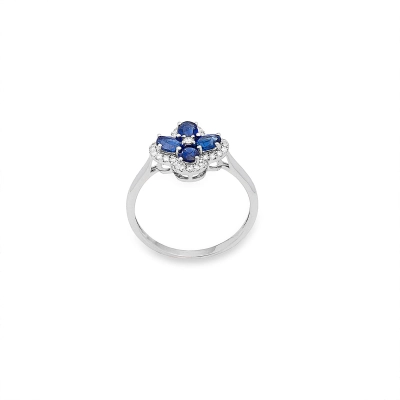 ANEL TREVO SAFIRAS E DIAMANTES OURO BRANCO 18K