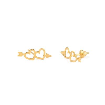 BRINCO DOIS CORAÇÕES COM FLECHA EM OURO 18K