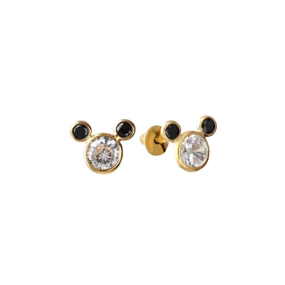 BRINCO 3 PEDRAS COM ZIRCÔNIA BRANCA E NEGRA 4,2M INFANTIL E OURO 18K