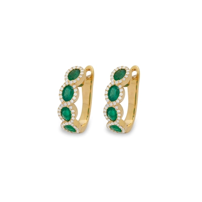 BRINCO MEIA ARGOLA OVAL COM ESMERALDA E DIAMANTE OURO AMARELO 18K