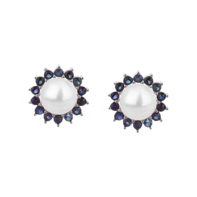 Brinco Redondo Pérola e Safira Ouro Branco 18k