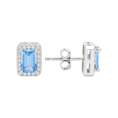 Brinco Retangular Zircônia Azul e Branca Prata 925