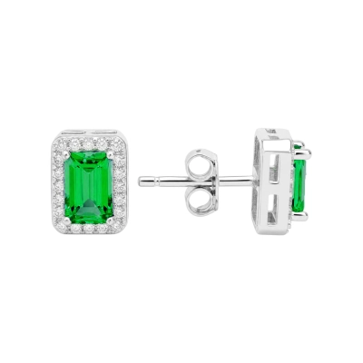 Brinco Retangular Zircônia Verde e Branca Prata 925