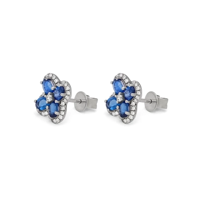 BRINCO TREVO COM SAFIRA E DIAMANTE OURO BRANCO 18K