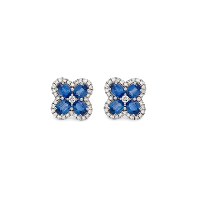 BRINCO TREVO COM SAFIRA E DIAMANTE OURO BRANCO 18K