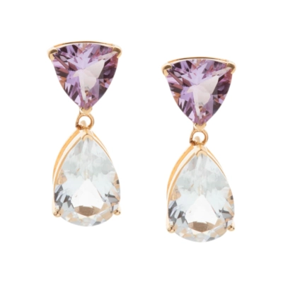 Brinco Trillion Pedra Topázio e Ametista Ouro 18k