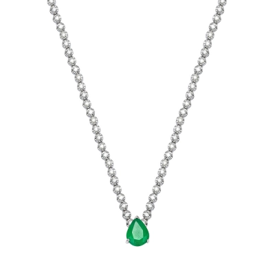 COLAR ARREPIO MEIA RIVIERA EM OURO BRANCO 18K COM DIAMANTES E GOTA EM ESMERALDA