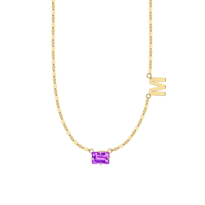 COLAR BAGUETE AMETISTA COM LETRA EM OURO 18K 45CM