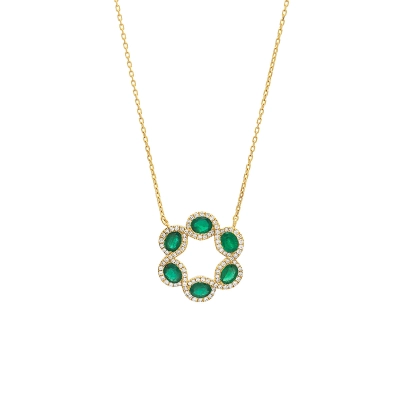 COLAR CÍRCULO ESMERALDAS E DIAMANTES OURO 18K